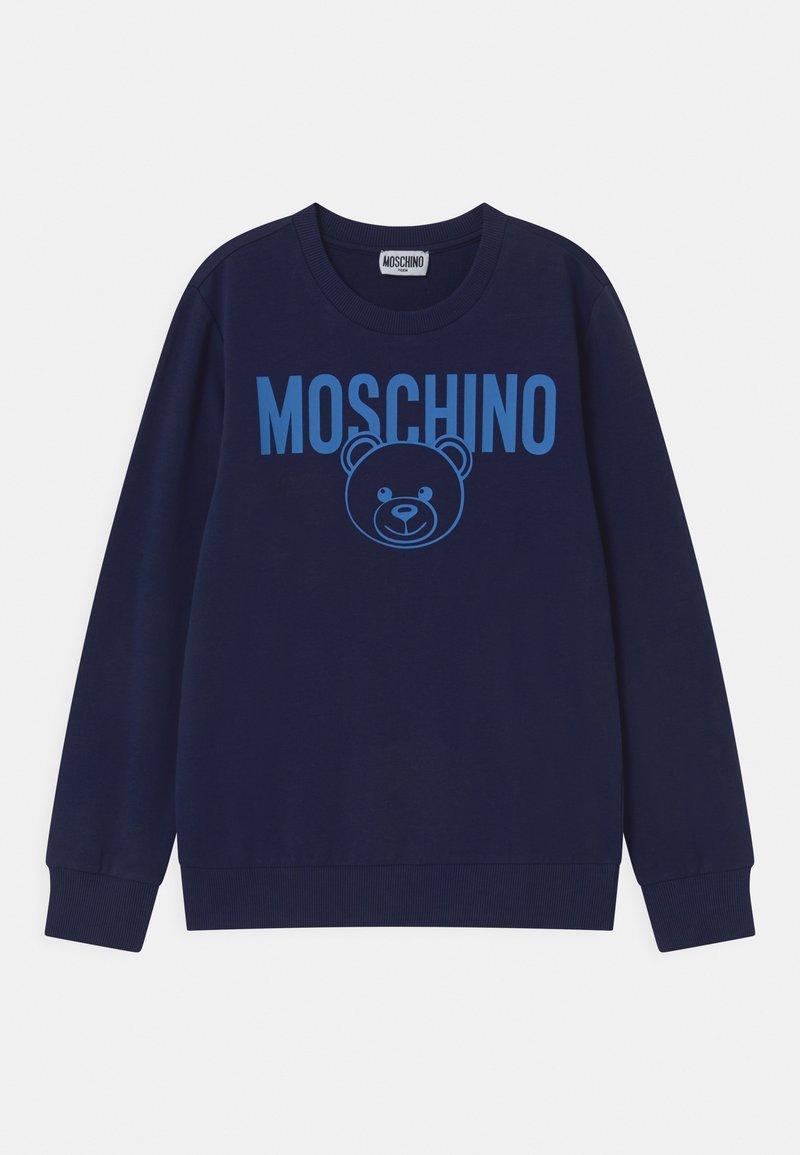 Marineblauer Pullover mit großem blauem "Moschino"-Logo und einem Bärenmotiv auf der Vorderseite. Gerippte Bündchen und Saum für eine körpernahe Passform.