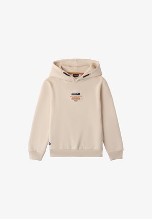 Beige hoodie van gladde stof, met een vooropdruk van blauwe en oranje tekst. Inclusief geribde manchetten en zoom.