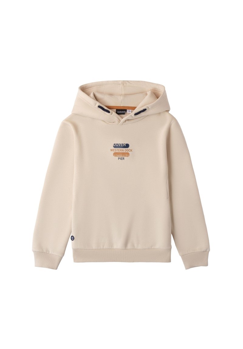 Sudadera con capucha beige de tejido suave, que presenta un gráfico frontal con texto en azul y naranja. Incluye puños y dobladillo acanalados.