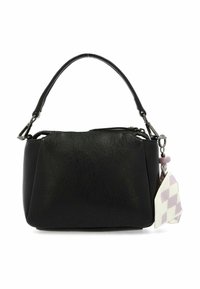Borsa a mano sintetica nera con finitura testurizzata, manico superiore, chiusura con zip e un portachiavi staccabile con motivo a diamante.