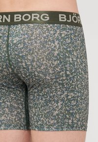 Šortai z zeleno-modrim abstraktnim vzorcem, z mehkim elastičnim pasom in znamko "BJÖRN BORG". Narejeni so iz raztegljive tkanine.