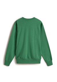 Sudadera verde con cuello redondo y mangas largas. Presenta puños y dobladillo acanalados. Fabricada con un suave material de mezcla de algodón.