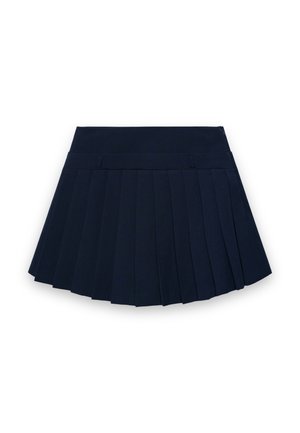 Gonna plissettata blu navy con ampia fascia in vita e passanti per cintura, progettata per un uso casual o scolastico.