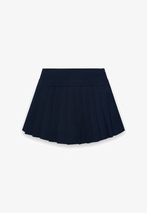 Gonna plissettata blu navy con ampia fascia in vita e passanti per cintura, progettata per un uso casual o scolastico.