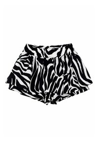 Schwarz-weiße Zebra-Print-Shorts mit einem plissierten Design und elastischem Bund, die locker geschnitten sind und eine glatte Stoffstruktur aufweisen.