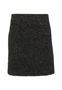 Schwarzer, strukturierter Rock aus gewebtem Stoff mit einem sprenkelten Muster. Gerader Schnitt mit hohem Bund, minimalistisches Design ohne Verzierungen.