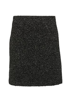 Black textured skirt made of woven fabric with a speckled pattern. Straight cut with a high waistband, minimalistic design without embellishments.