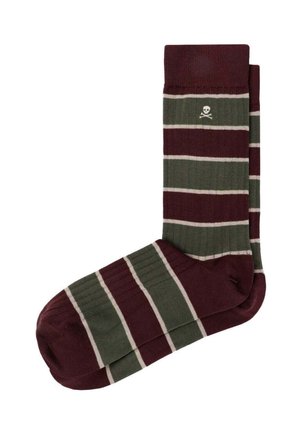 Calcetines a rayas marrón oscuro y verde con líneas blancas finas y una pequeña calavera y huesos cruzados blancos cerca del puño superior.