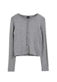 Grijze lange mouwen cardigan van lichtgewicht stof, met een ronde halslijn, knoopsluiting aan de voorkant en een cropped zoom.