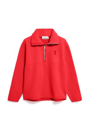 Pull-over en molleton rouge avec un col zippé mi-hauteur, comportant un petit logo brodé sur la poitrine et une coupe décontractée. Texture douce et manches longues.