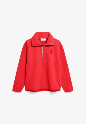 Rode fleece pullover met een halve ritssluiting, voorzien van een klein geborduurd logo op de borst en een ontspannen pasvorm. Zachte textuur en lange mouwen.