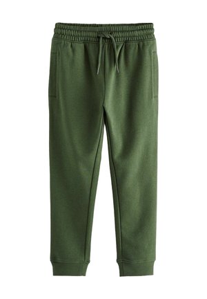 Pantalon de jogging vert olive avec taille élastique et cordon de serrage, poches latérales et poignets côtelés aux chevilles.