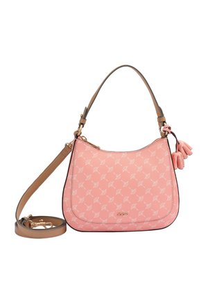 Sac à épaule en cuir rose avec une forme incurvée, un motif embossé, des matériaux dorés et une bandoulière amovible. Comprend deux accents en franges roses.