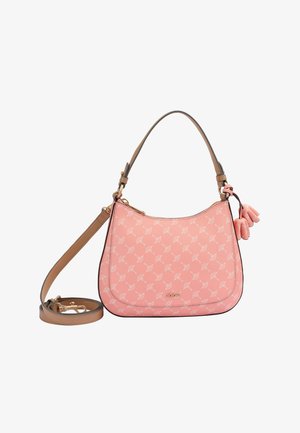 Rosa Leder-Schultertasche mit einer geschwungenen Form, geprägtem Muster, goldenen Beschlägen und einem abnehmbaren Tragegurt. Mit zwei rosa Quasten-Accents.