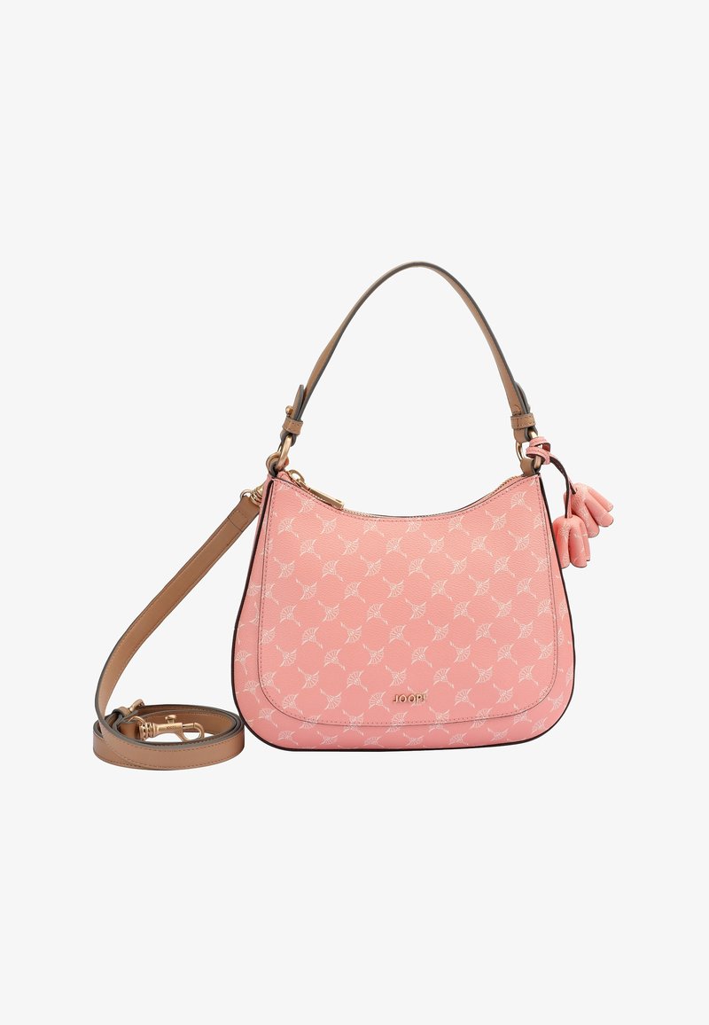 Sac à épaule en cuir rose avec une forme incurvée, un motif embossé, des matériaux dorés et une bandoulière amovible. Comprend deux accents en franges roses.