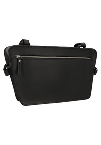 Svart läder crossbody-väska med en slät yta, en zip-parquet framtida ficka och justerbar axelrem med detaljer i metall.