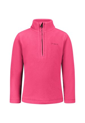 Felroze fleece trui met lange mouwen, een hoge kraag en een halve ritssluiting aan de voorkant in het midden.