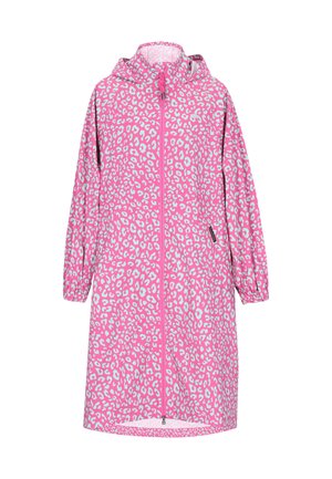 Rózsaszín esőkabát világoskék leopárdmintával. Kapucnival, végig cipzáros elejével és rugalmas mandzsettával rendelkezik. Könnyű anyagból készült.