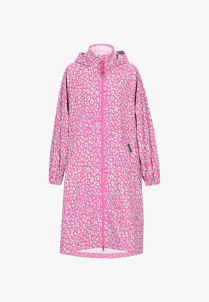Chaqueta impermeable rosa con un estampado de leopardo en azul claro. Cuenta con capucha, cremallera frontal completa y puños elásticos. Tejido ligero.