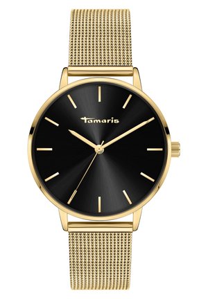 Gold wristwatch with black round face, gold hour markers and hands, and a gold mesh band, showing time 10:10:35.