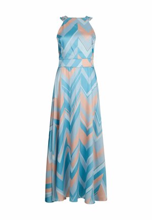 Satin maxi dress with pastel blue and peach chevron pattern, sleeveless design, and ruffled shoulder accents. Smooth texture, A-line silhouette.
