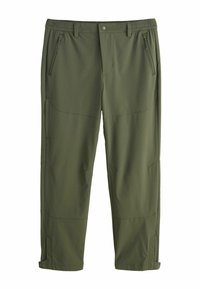 Grüne, leichte Outdoor-Hosen mit elastischem Bund, mehreren mit Reißverschluss versehenen Taschen und verstärkten Nähten. Verstellbare Bündchen.