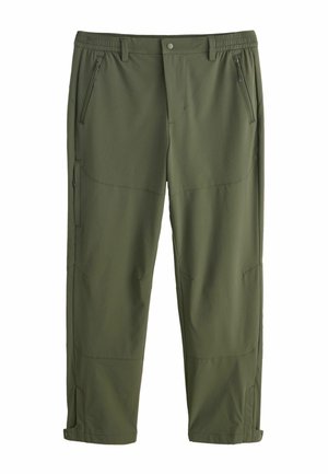 Grüne, leichte Outdoor-Hosen mit elastischem Bund, mehreren mit Reißverschluss versehenen Taschen und verstärkten Nähten. Verstellbare Bündchen.