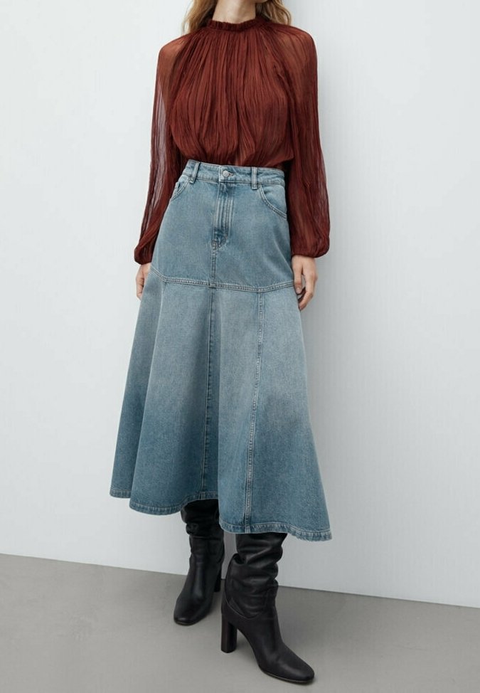 ★ Massimo Dutti★ Box pleated denim semi long skirt 052016 Massimo dutti denim skirt clearance
