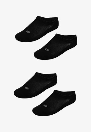 Quattro calzini alla caviglia invisibili di colore nero con un piccolo logo grigio sulla parte anteriore superiore, disposti in due paia su uno sfondo bianco.
