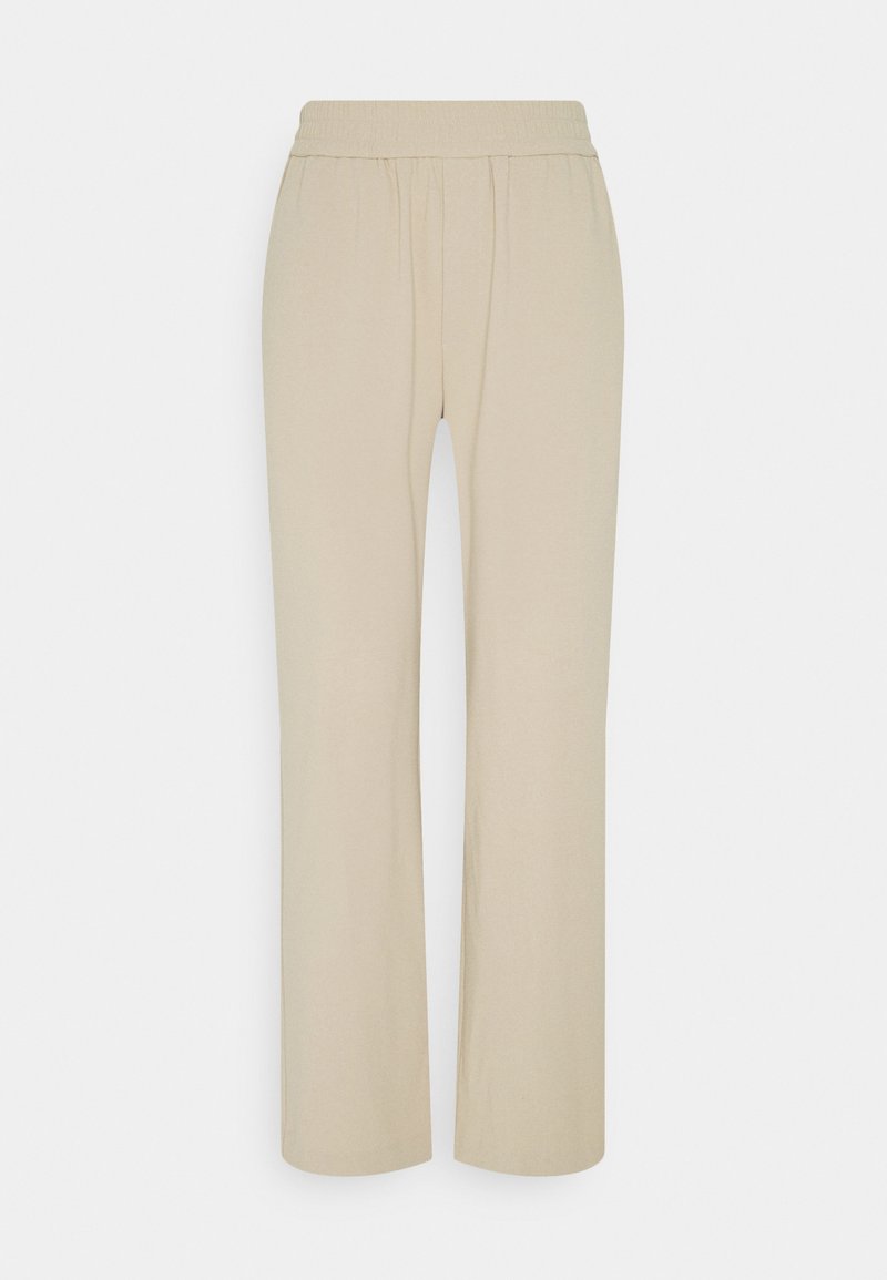 Šviesiai rudos plačios kelnės su elastinga juosmena, turinčios lygų paviršių ir tiesią siluetą, tinkamos kasdieniam dėvėjimui.