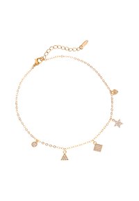 Aranylánc karkötő öt geometrikus charm-mal: egy szív, háromszög, négyzet, csillag és kör, mindegyik csillogó kőtextúrával.