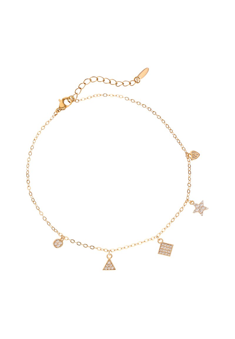 Aranylánc karkötő öt geometrikus charm-mal: egy szív, háromszög, négyzet, csillag és kör, mindegyik csillogó kőtextúrával.