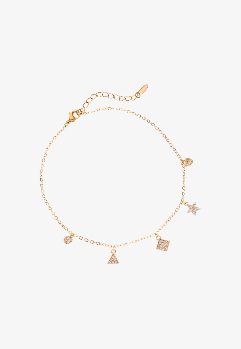 Aranylánc karkötő öt geometrikus charm-mal: egy szív, háromszög, négyzet, csillag és kör, mindegyik csillogó kőtextúrával.