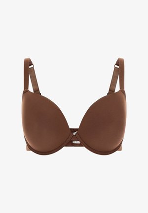 Soutien-gorge rembourré marron avec bretelles ajustables, cups sans couture et fermeture à crochet à l'avant. Texture lisse et mate avec un design minimaliste.