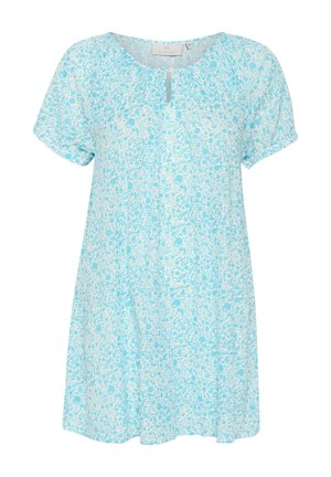 Rochie de culoare albastru deschis, cu un model floral, mâneci scurte, decolteu rotund și un detaliu tip cheie. Confecționată dintr-un material ușor și respirabil.