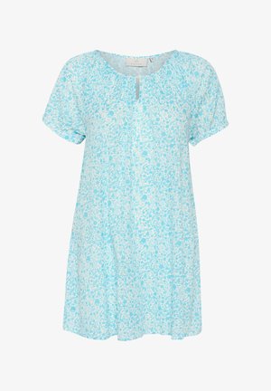 Rochie de culoare albastru deschis, cu un model floral, mâneci scurte, decolteu rotund și un detaliu tip cheie. Confecționată dintr-un material ușor și respirabil.