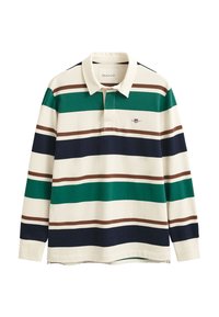 Dolga polo majica kremne barve z zelenimi, mornarsko modrimi in rjavimi horizontalnimi črtami, z značilnim ovratnikom in izvezenim logotipom na prsih.