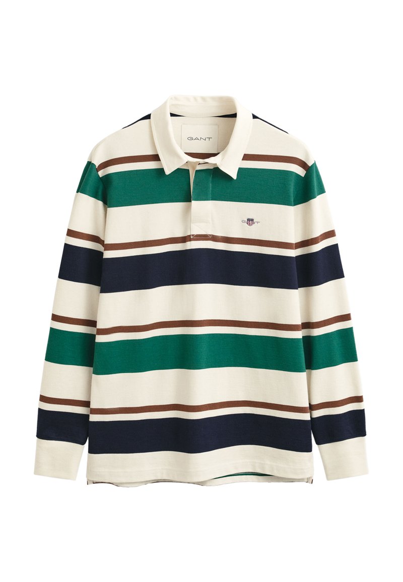 Long-sleeve polo shirt in cream with green, navy, and brown horizontal stripes, featuring a classic collar and embroidered logo on the chest.