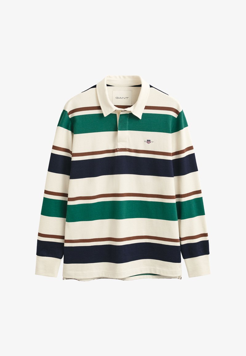 Long-sleeve polo shirt in cream with green, navy, and brown horizontal stripes, featuring a classic collar and embroidered logo on the chest.