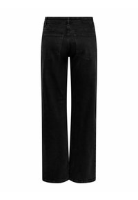 Sorte denim bredbente jeans med høj talje, to baglommer og en glat overflade. Enkel design uden dekorative elementer.