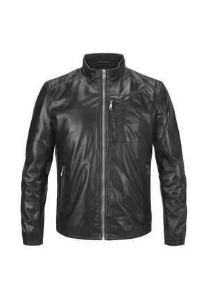 Schwarze Lederjacke mit Stehkragen, Frontreißverschluss und Reißverschlusstaschen auf der Brust und den Seiten. Glatte Textur mit taillierter Passform.