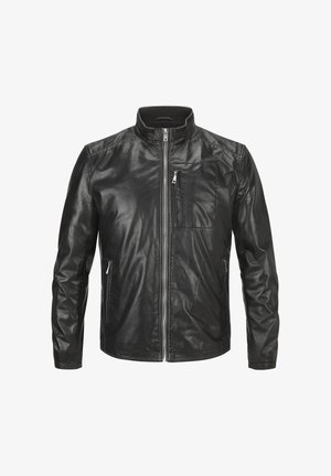 Schwarze Lederjacke mit Stehkragen, Frontreißverschluss und Reißverschlusstaschen auf der Brust und den Seiten. Glatte Textur mit taillierter Passform.