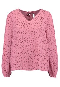 Roze blouse met lange mouwen, V-hals en een striksluiting op de rug. Heeft een subtiel bloemenpatroon in donkere tinten op een gewoven stof.