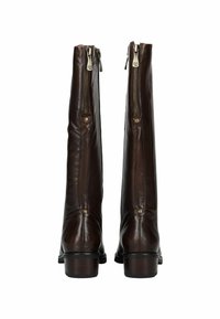 Botas de cuero marrón hasta la rodilla con una textura suave, cremalleras laterales y tacón redondo. Presenta detalles de costura y pequeños acentos metálicos.
