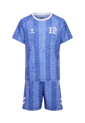 Blåt sportstrøje- og shortsæt med hvidt nummer 12, hvid krave og subtile lodrette striber og mønster gennem hele stoffet.