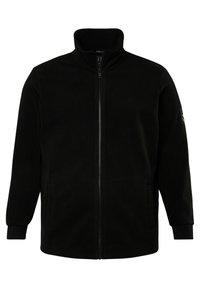Chaqueta de forro polar negra con cremallera frontal completa, cuello alto, bolsillos laterales, puños acanalados y un diseño simple. Textura suave, sin patrones visibles.