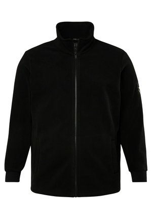 Chaqueta de forro polar negra con cremallera frontal completa, cuello alto, bolsillos laterales, puños acanalados y un diseño simple. Textura suave, sin patrones visibles.