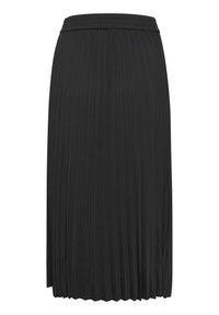 Jupe midi plissée noire avec taille élastique, longueur midi et plis verticaux, adaptée pour une tenue décontractée ou formelle.