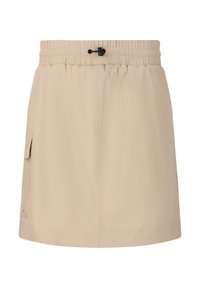 Beige rok met een elastische tailleband, verstelbaar trekkoord, zijzak en een gladde, lichte stof. Rechte snit, halflange lengte tot de dij.