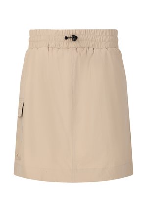 Beige rok met een elastische tailleband, verstelbaar trekkoord, zijzak en een gladde, lichte stof. Rechte snit, halflange lengte tot de dij.